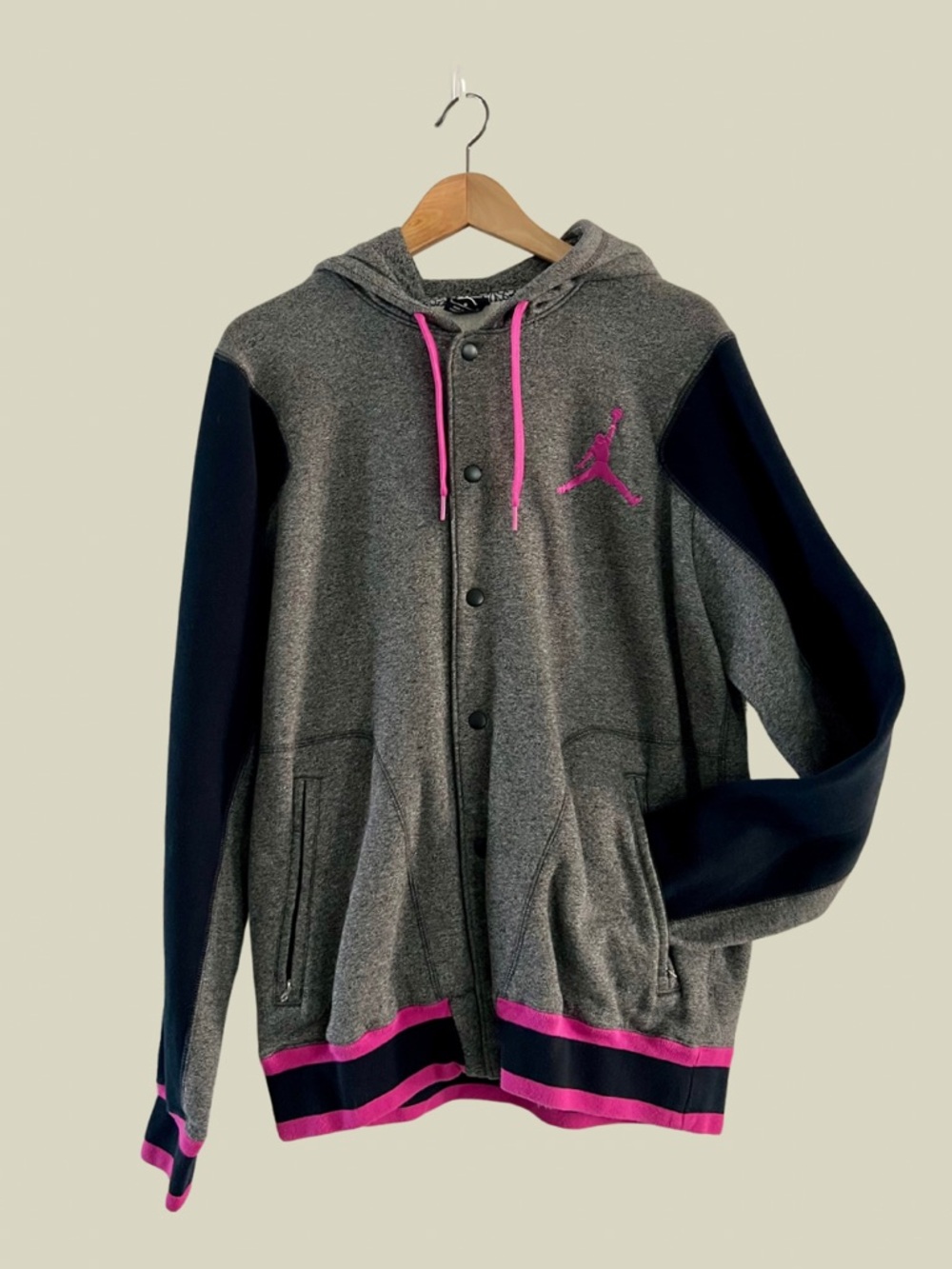 Jordan Gray & Pink Hooded Varsity Snap Jacket